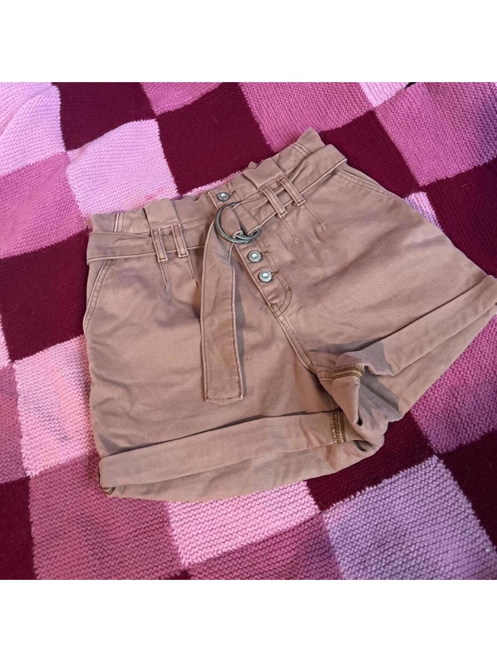high waisted brown denim paper bag  shorts